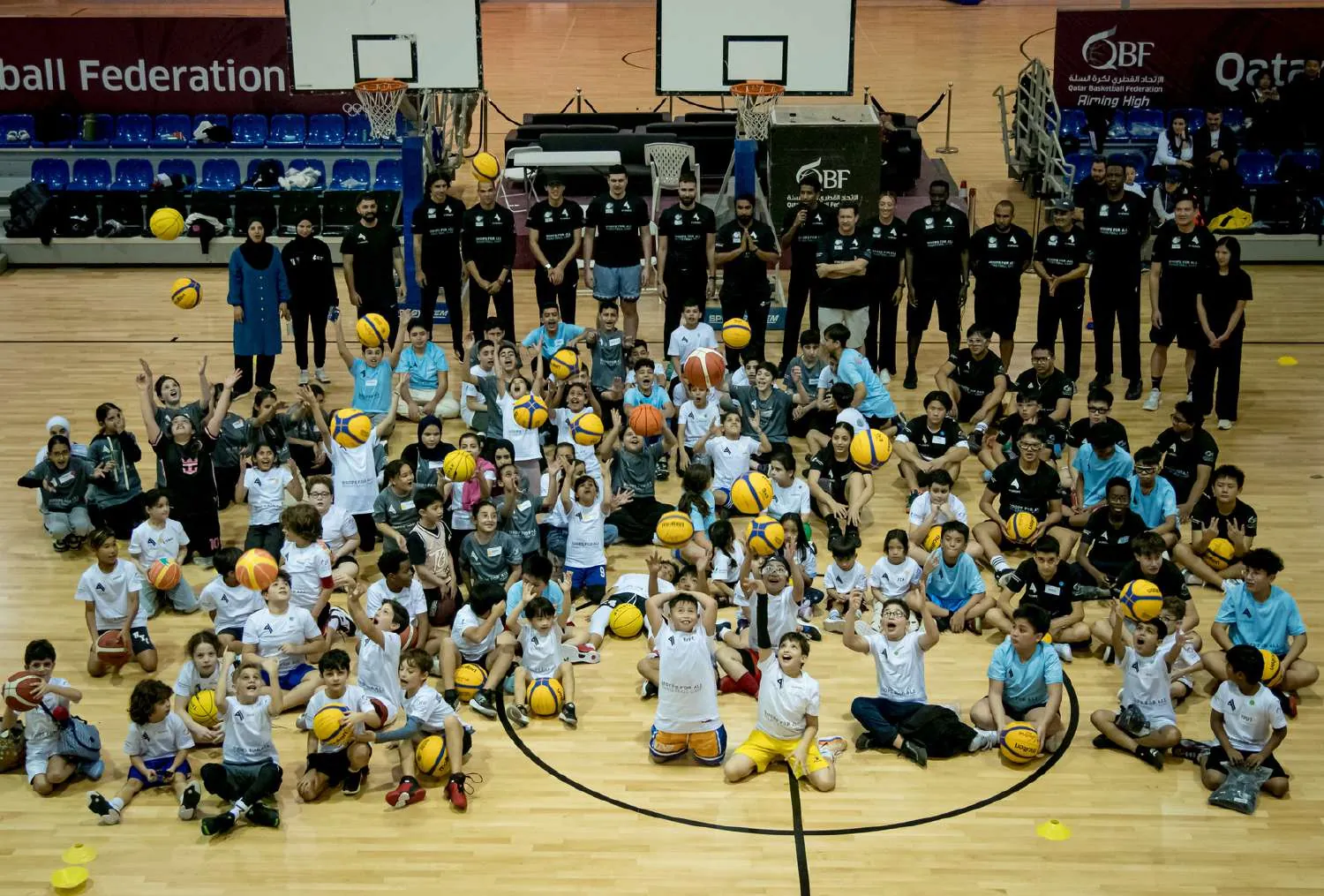 The full group at the Hoops for All winter camp, assembled on court.